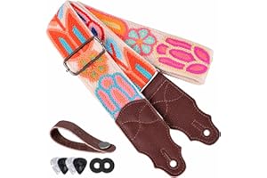 YIKOKO Guitar Strap 2", Soft Woolen Knit, Cowhide Leather End, for Acoustic and Bass Electric Guitars, Free Button, 2 Strap Locks and 4 Guitar Picks