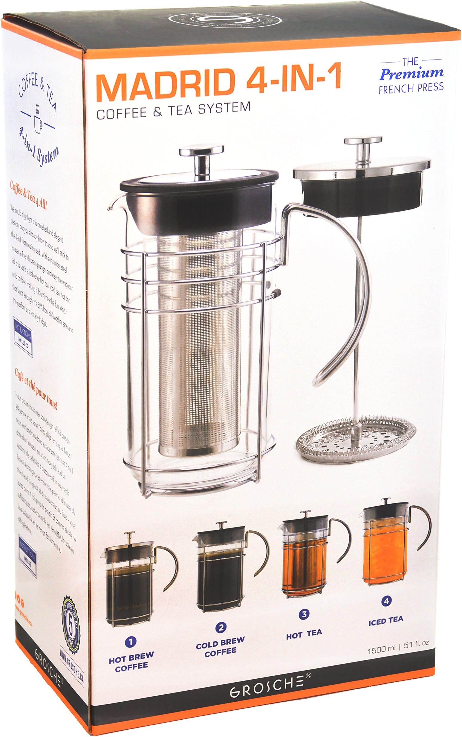 GROSCHE MADRID 4-in-1 Hot and Cold Coffee and Tea System 1500 ml, 51 oz, 12 cup capacity