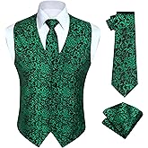 HISDERN Green Suit Vest 3PC Floral Paisley Jacquard Mens Vests and Tie Pocket Square Set Formal Business Tuxedo Waistcoat for Wedding Party