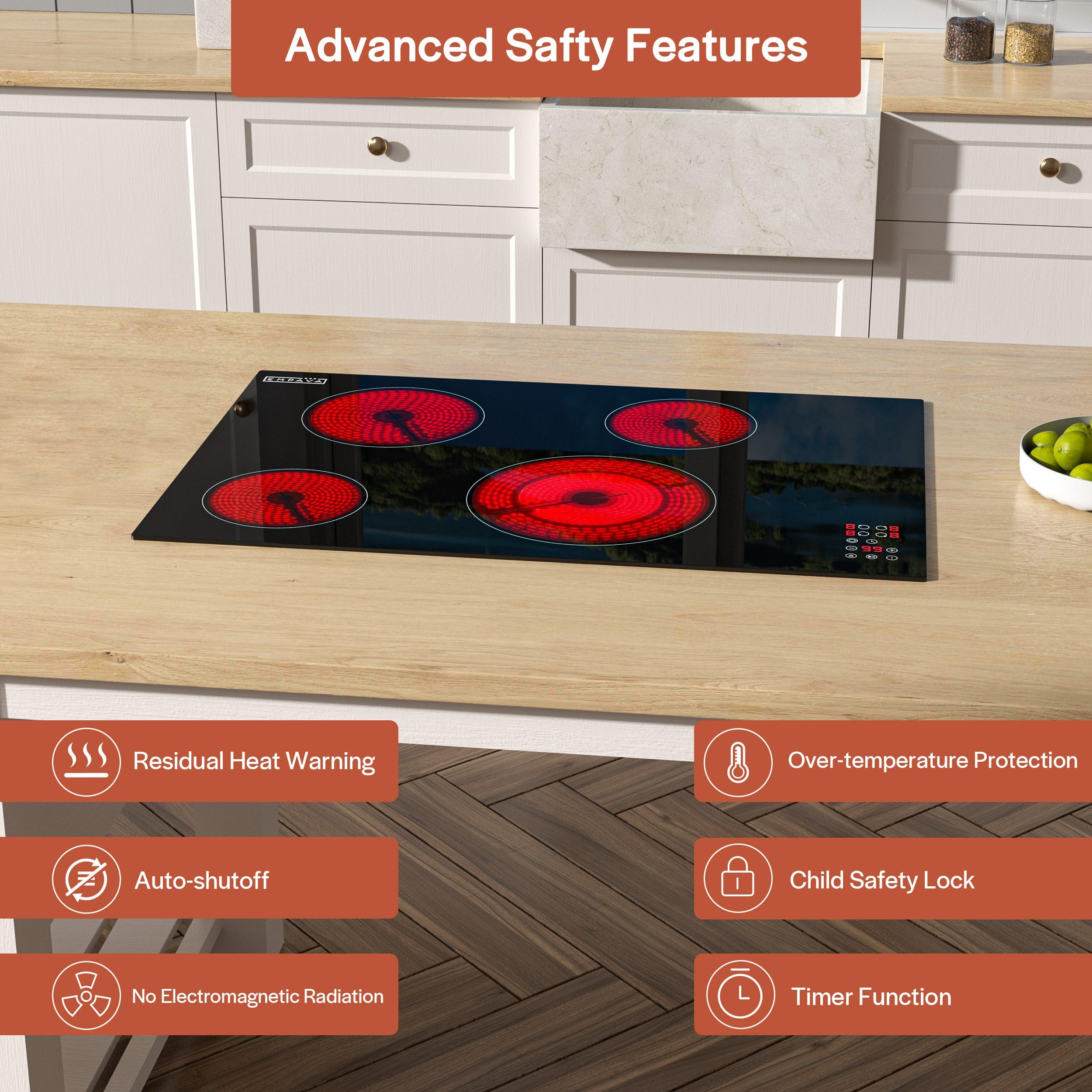 Empava Electric Cooktop, 30 inch 4 Burners, Built in Radiant Stove, Including Dual Zone Element, Ceramic Glass Smooth Surface in Black, ETL Certified, All Kinds of Cookware, 220-240V, No Plug