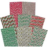 EVECILOO 200 PCS Christmas Paper Straws Red Green Golden Straws Star Tree Stripe Pattern Biodegradable Paper Drinking Straws for Christmas Party Decorative Supplies, 8 Styles