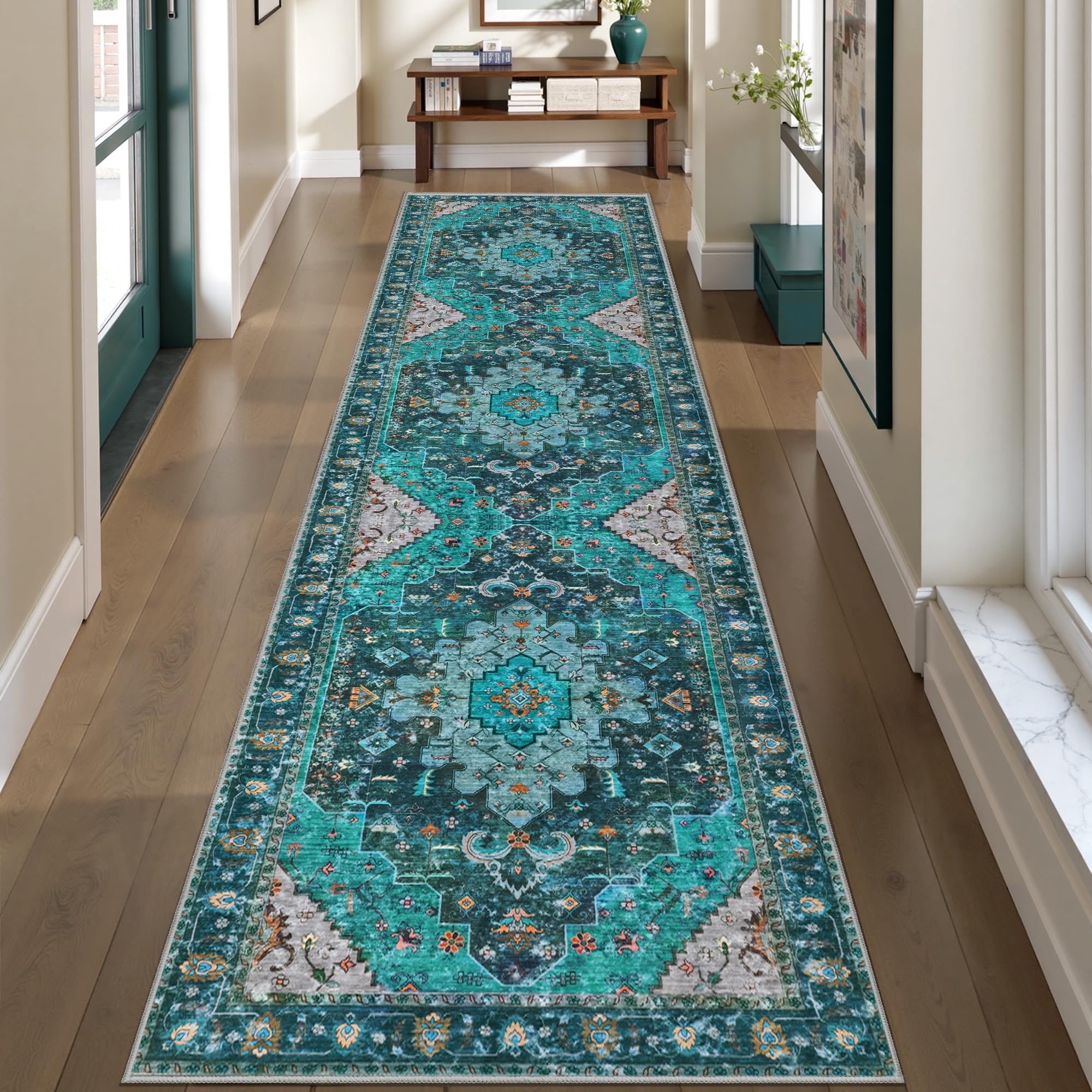 Ciicool Washable Vintage Runner Rug 2' x 8' ft Hallway, Boho Low Pile Long Non Slip Soft Kitchen Carpet Indoor Oriental Throw Rug Image