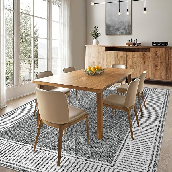 GARVEEHOME WASHABLE RUG 5X7 FOR BEDROOM LARGE LIVING ROOM RUG WITH RUBBER BACKING CASUAL STRIPED BORDER THROW CARPET MODERN CONTEMPORARY AREA RUG FOR DINING ROOM NURSERY ENTRY, GREY