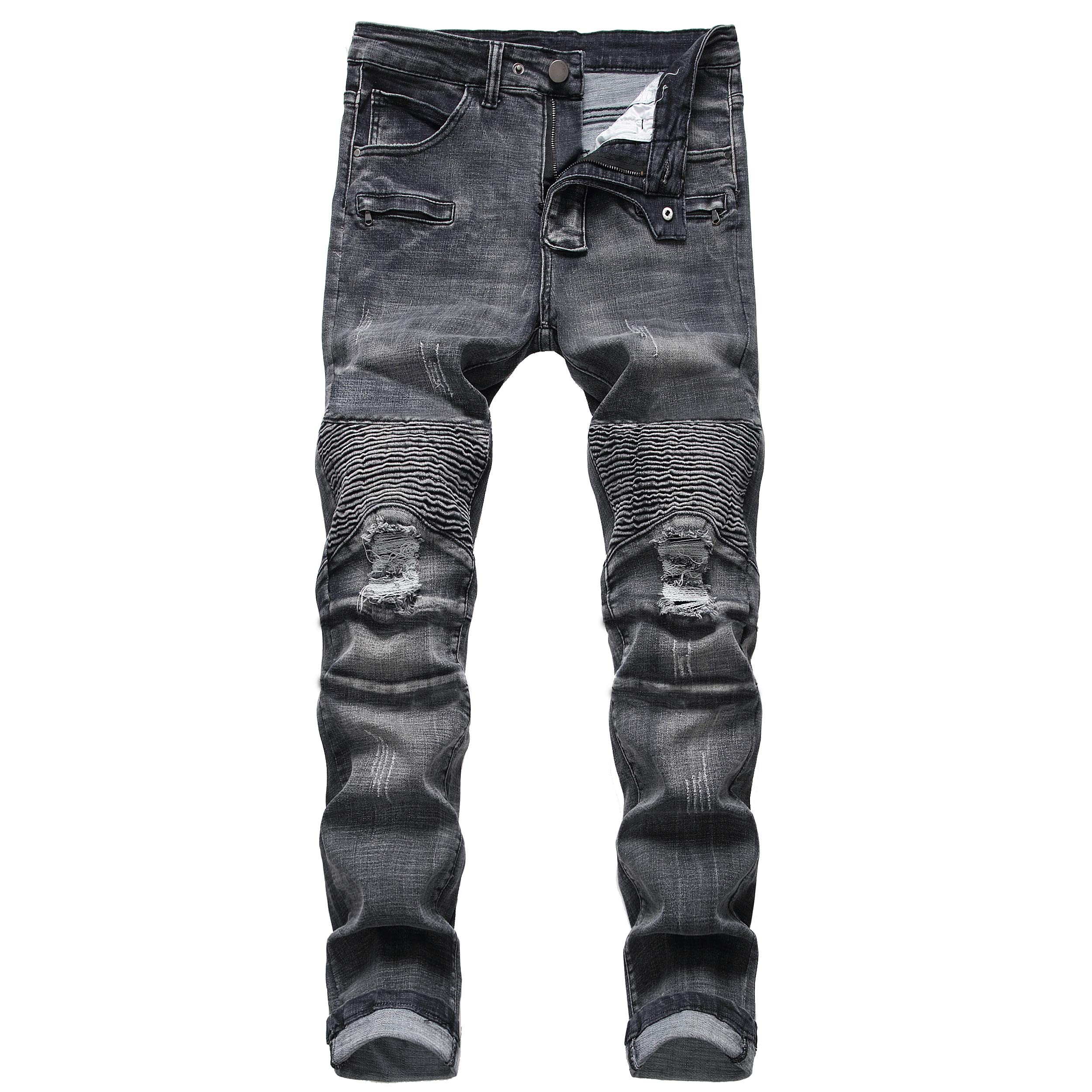 Men's Distressed Slim Fit Biker Jeans Stretched Denim Pants • Denim Fit
