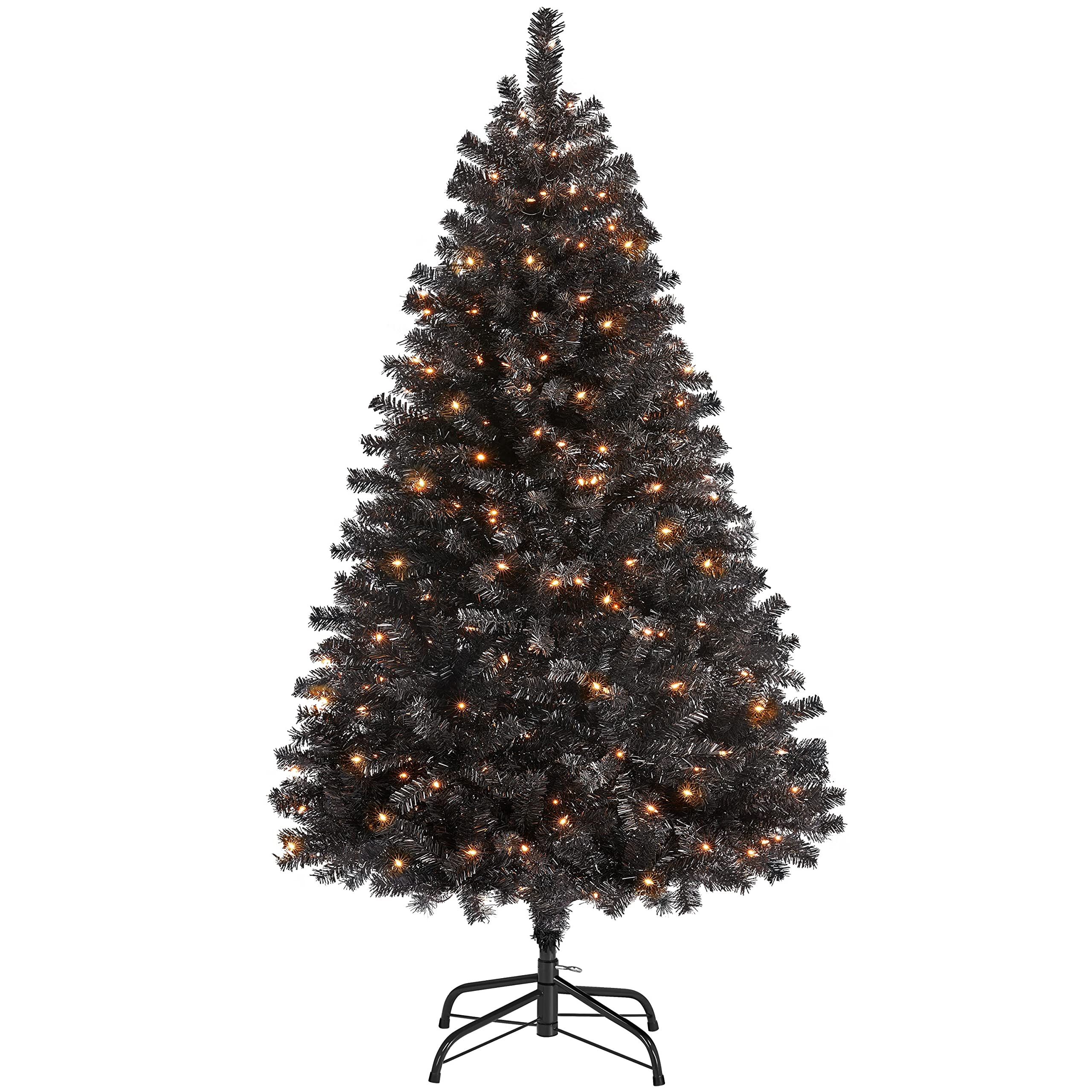 Yaheetech 4.5ft Pre-lit Halloween Black Spruce Artificial Hinged Christmas Pine Tree Prelighted Xmas Tree for Home Party Holiday Decoration with 150 Clear Warm White Lights and 324 Branch Tips, Black Image