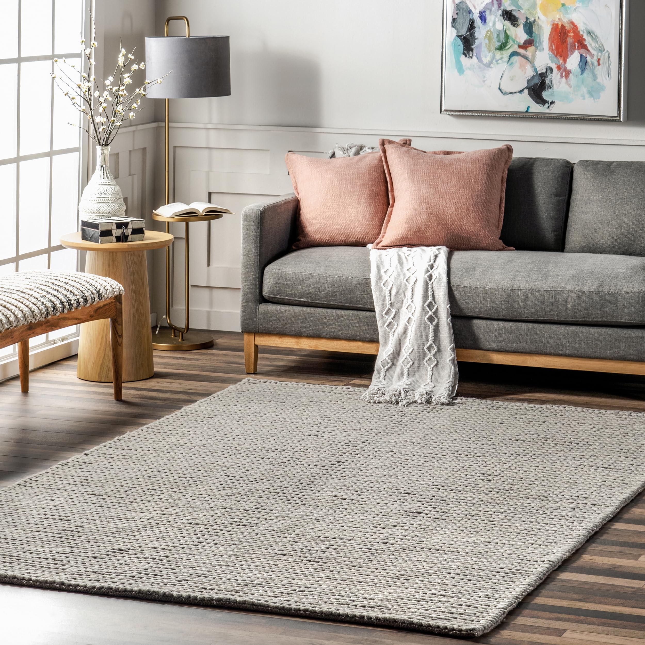 Photo 1 of **VERY USED**nuLOOM 5x8 Penelope Wool Braided Handmade Area Rug, Light Grey, Solid Rustic Farmhouse Style, For Bedroom, Living Room, Hallway, Entryway