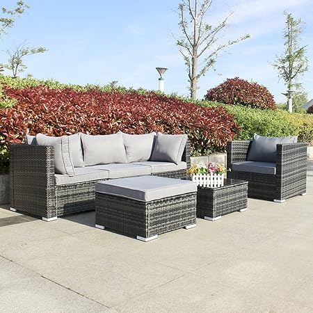 Hansson Polyrattan Gartenmöbel Lounge Set Sitzgruppe Garnitur Poly Rattan inkl. Sofa Sessel Kissen Hocker Tisch mit Glas (2xE