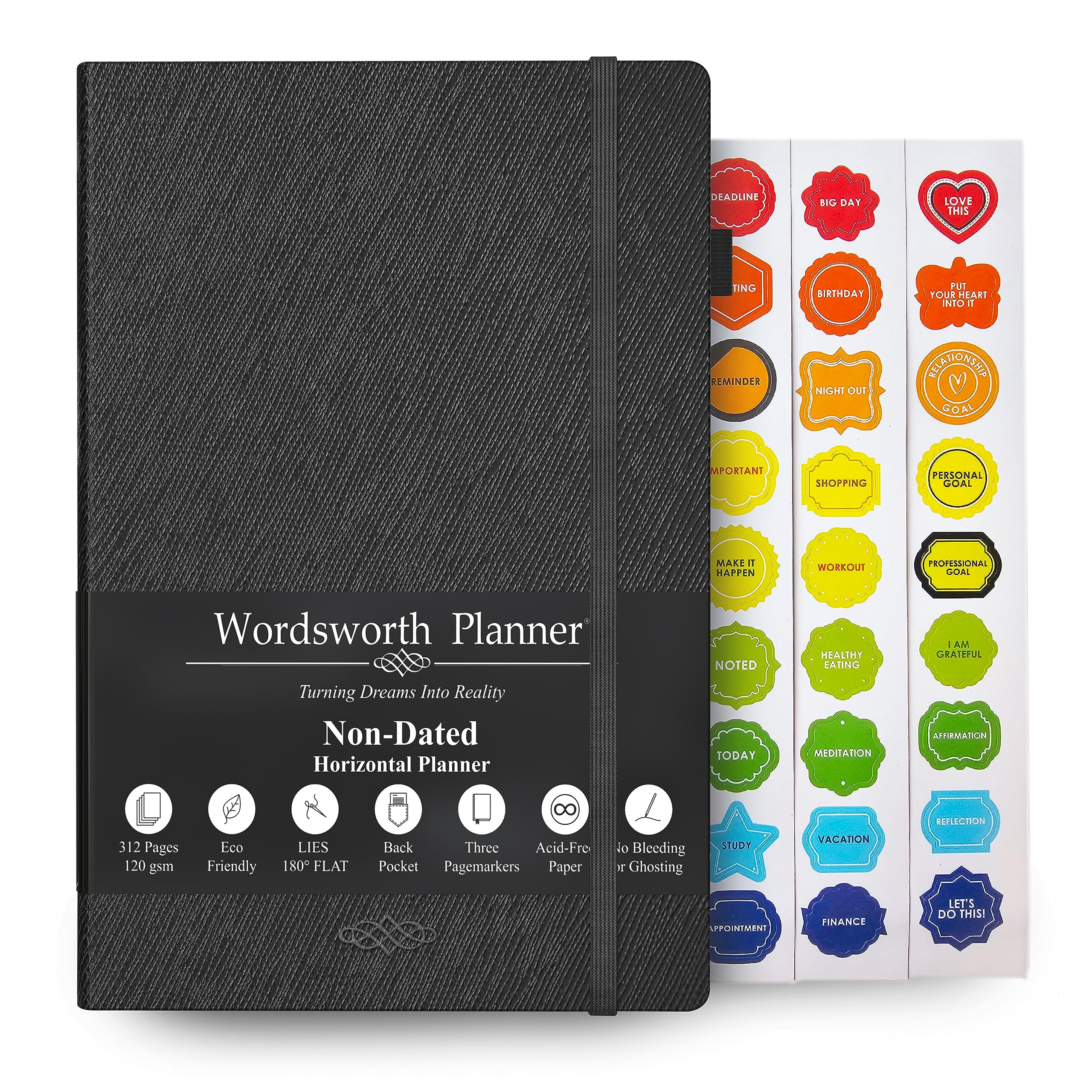 Wordsworth Planner Undated Weekly and Monthly - Dotted Blank Hardcover, Dateless Planner, 5.83 × 8.27In Premium A5 Paper (120GSM) Monthly, Weekly, Yearly Spread Bullet Blackout
