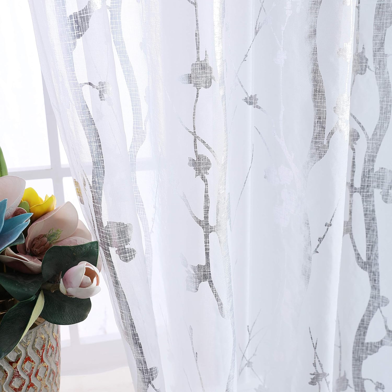 Silver Foil Faux Linen Curtains, Sheer Glitter Curtain