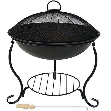 Sunnydaze Elegant Steel Fire Pit Bowl Black Outdoor Wood Burning Patio Fireplace And Stand With Spark Screen Guard Lightweight Convenient