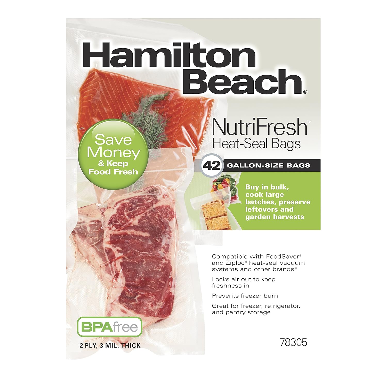 Hamilton Beach Vacuum Sealer, (42-Pack) Gallon-Size Bags for NutriFresh, FoodSaver & Other Heat-Seal Systems (78305)