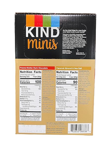 KIND MINIS, 18 PEANUT BUTTER DARK CHOCOLATE, 18 CARAMEL ALMOND & SEA SALT, 36 BARS
