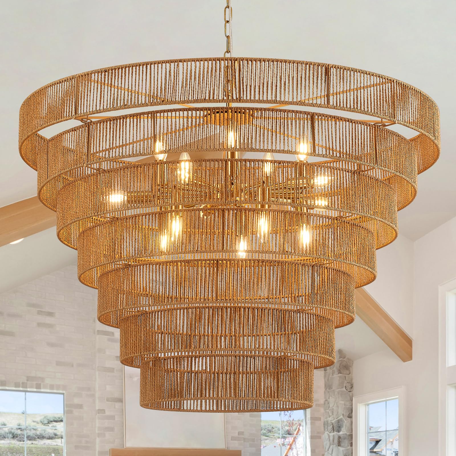 Photo 1 of YOMECOO 39.4" Large Hand-Woven Rattan Chandelier Vintage Farmhouse 15-Lights Boho Bamboo Chandelier Light Fixture Retro Drum Wicker Rattan Golden Chandeliers for Dining Room, Kitchen, Living Room, E12