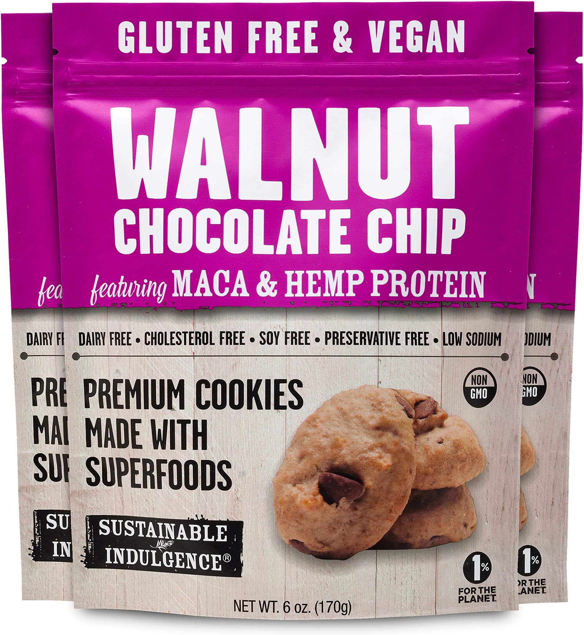 Sustainable Indulgence - Gluten Free, Vegan Cookies with Superfoods, Walnut Chocolate Chip (Pack of 3)
