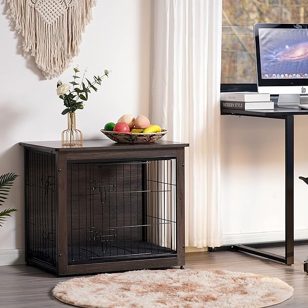 DWANTON DOG CRATE FURNITURE WITH CUSHION, WOODEN KENNEL TABLE WITH DOUBLE DOORS, INDOOR DOG HOUSE, SMALL/MEDIUM/LARGE/EXTRA LARGE SIZE, 27.2″ L, DARK GRAY