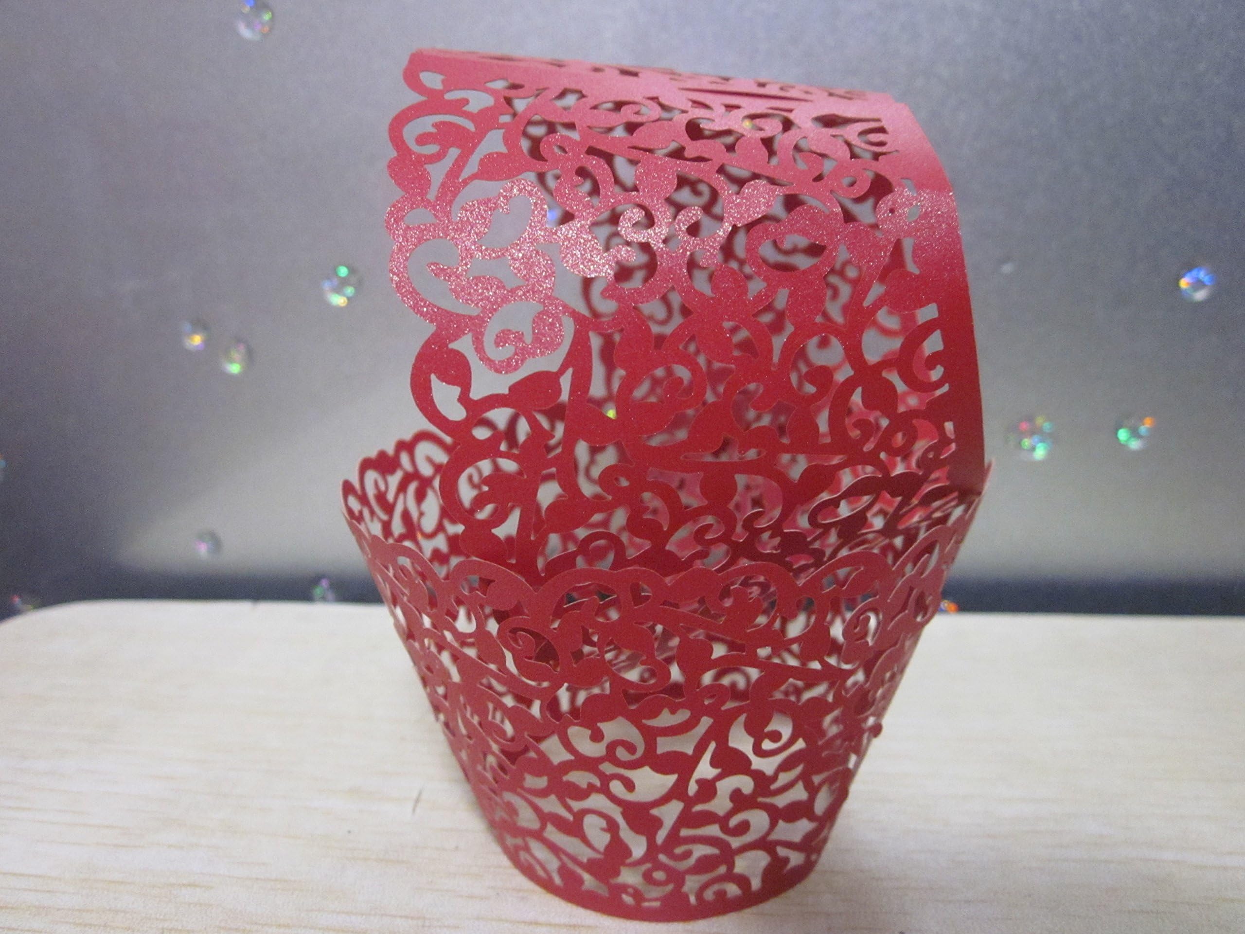 Cupcake Cases 100 Filigree Artistic Bake Cake Paper Cups Little Vine Lace Laser Cut Liner Baking Cup Muffin Case Trays for Wedding Party Birthday Decoration (Red)