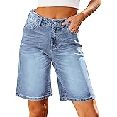 luvamia Bermuda Jean Shorts for Women High Waisted Trendy Stretchy Denim Shorts Knee Length Cutoff Loose Fit Long Shorts
