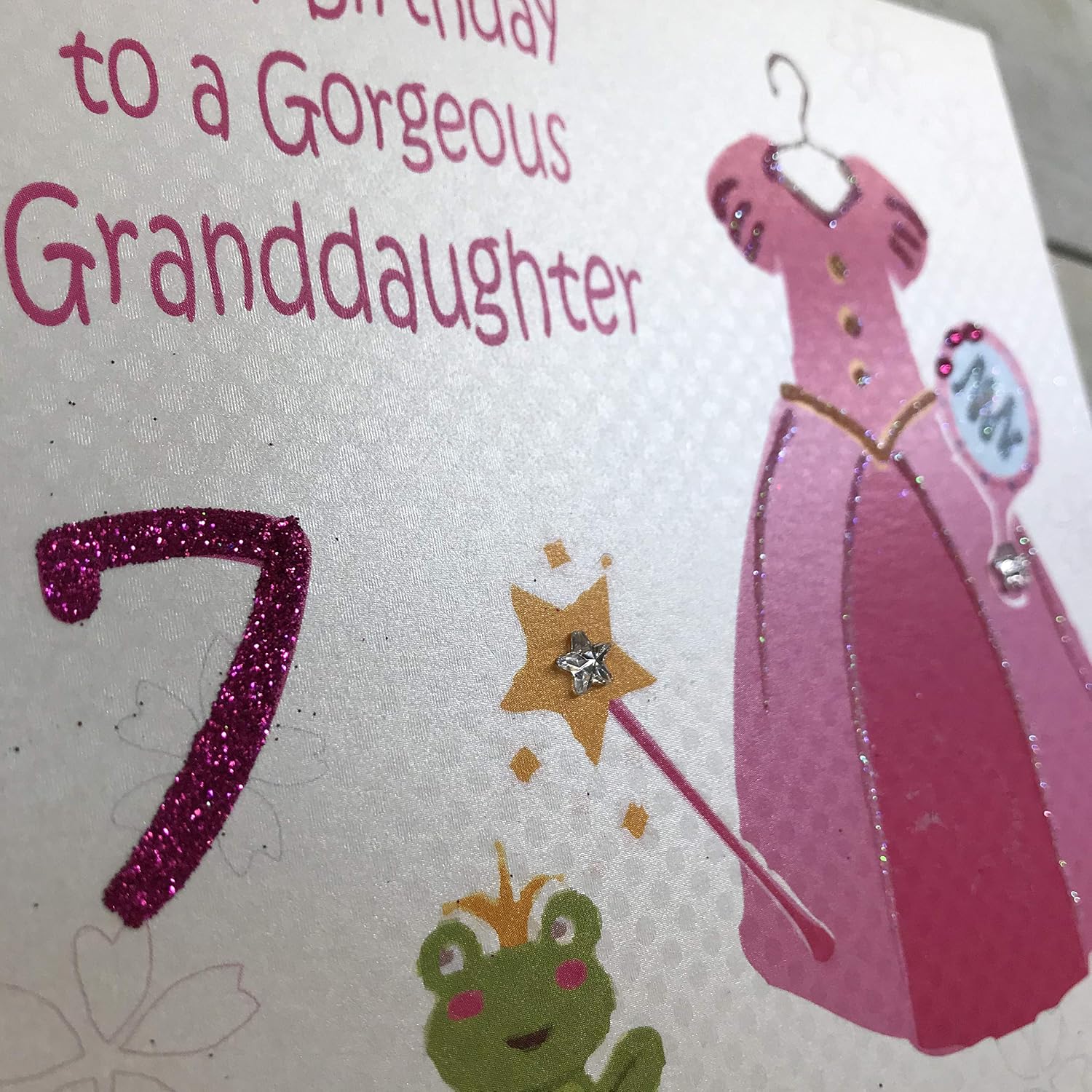White Cotton Cards "Pink, Princess Dress, Happy Birthday To A Gorgeous Granddaughter 7" Handmade Girls 7th Birthday Card, GL242-7 - Image 3