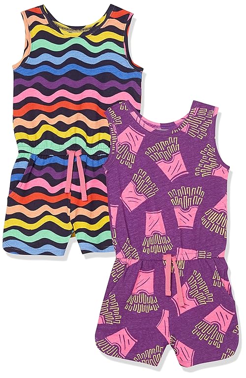 Amazon Essentials Girls' Knit Sleeveless Rompers (Previously Spotted Zebra), Pack of 2, Fries/Rainbow/Stripe, X-Small