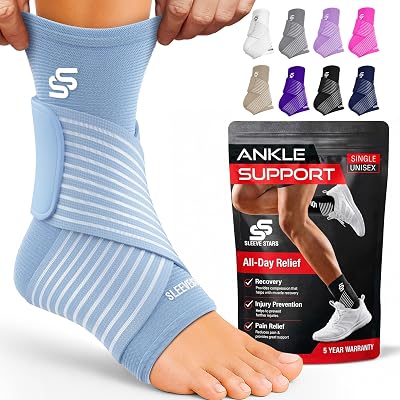 SS Sleeve Stars Ankle Brace with Removable Strap Size M 10-12 Light Blue