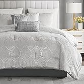 Madison Park Velvet Jacquard Grey King Comforter Set, 7pc | Matching Bed Skirt, All Season Bedding Set, Lightweight, Machine Washable, Easy Care, Cozy, Breathable, Soft, Warm