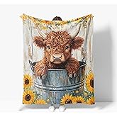 Highland Cow Throw Blanket Soft Warm Cozy Farmhouse Sunflower Cows Blankets Fuzzy Plush Highland Cow Fleece Blanket for Couch Bed Sofa Home Decor 40''X50''