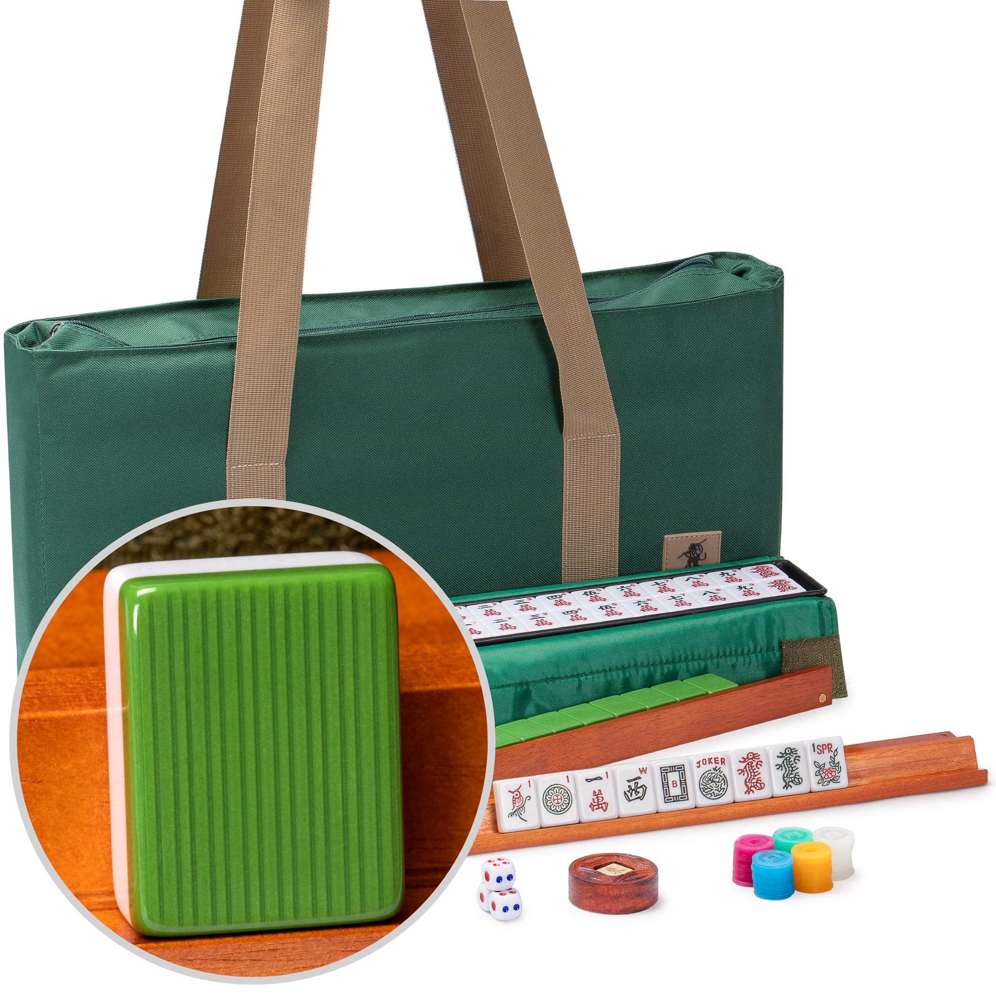 Photo 1 of Yellow Mountain Imports American Mahjong Set, Huntington with 166 Melamine Mahjong Tiles, Mineral Green Soft Case - 4 All-in-One Racks with Pushers, Scoring Coins, Dice, and Wind Indicator