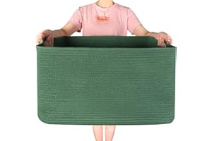 MINTWOOD Design 22in Extra Large Blanket Basket Holder Living Room, Rectangle Rope Woven Storage Basket with Handles for Laundry, Pool Towels, and Shoes, Dog Toy Organizer Bin Box, Forest Green
