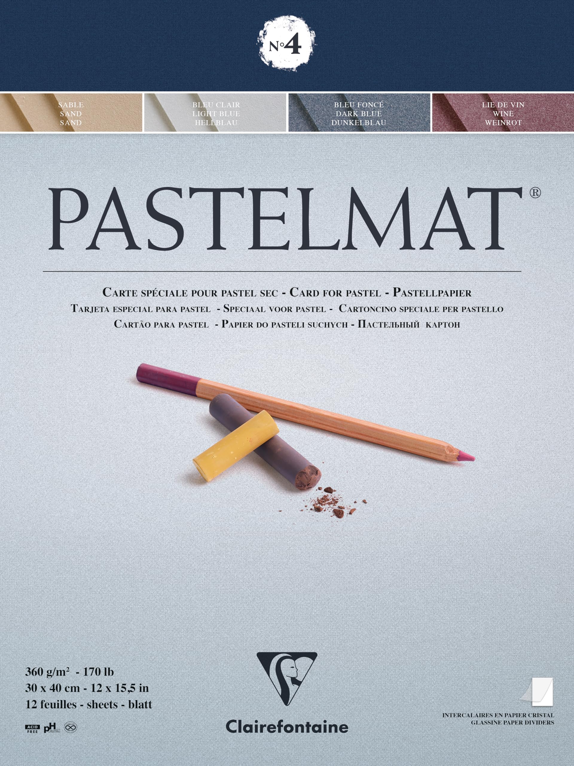 Clairefontaine - Ref 96112C - Pastelmat Pastel Card Pad No.4 (12 Sheets) - 360gsm Card - 30 x 40cm - Assorted Colours - Specially Formulated For Use With Pastels