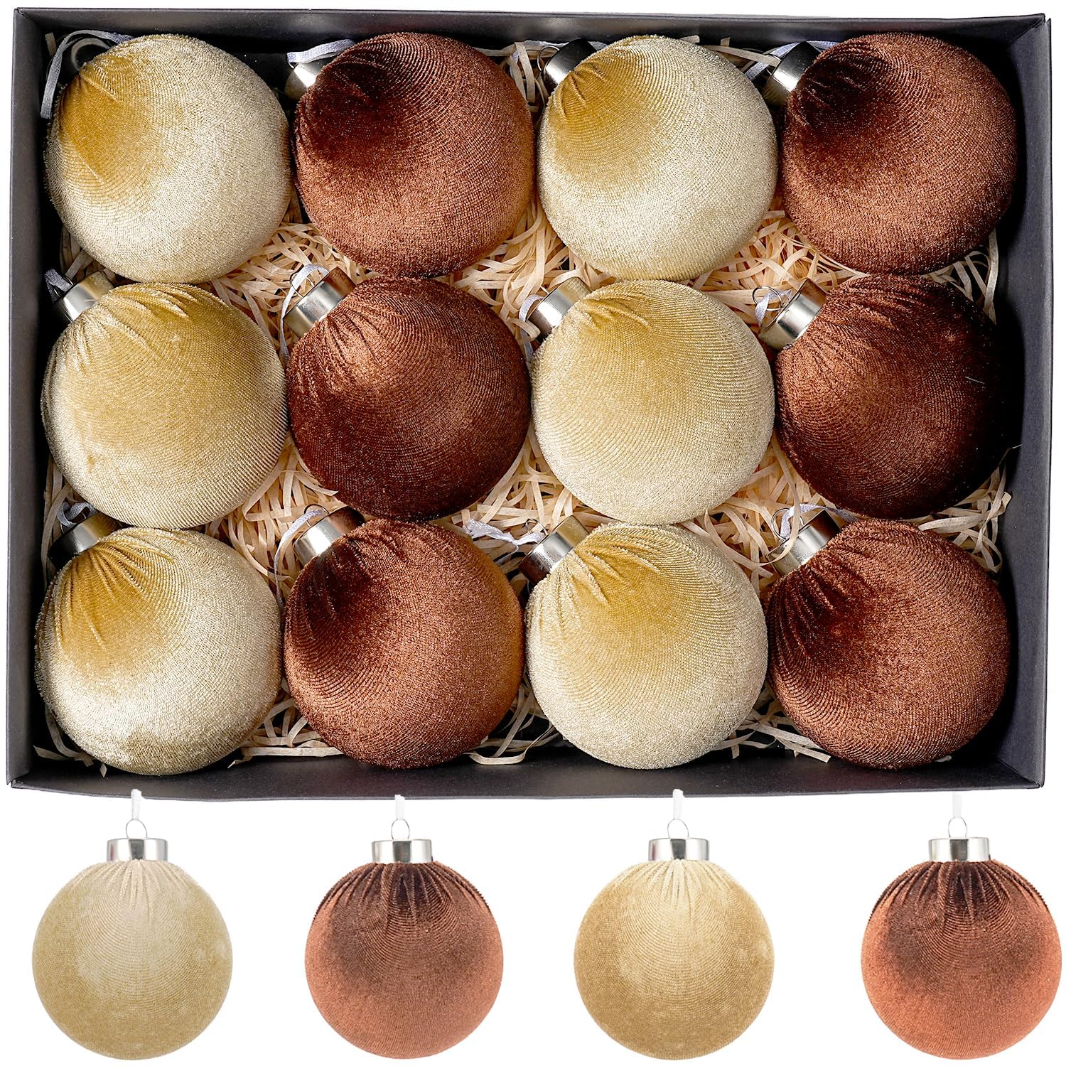 Photo 1 of 12 Pcs Velvet Christmas Ornaments Set - Coffee Brown Large Shatterproof Christmas Tree Decorations, 3.15 Inch Multicolor Velvet Balls for Xmas Tree, Home, and Party Decor