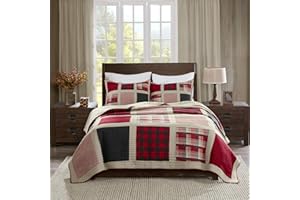Woolrich Reversible Quilt Cabin Lifestyle Design - All Season, Breathable Coverlet Bedspread Bedding Set, Matching Shams, Oversized King/Cal King, Huntington Plaid Red, 3 Piece