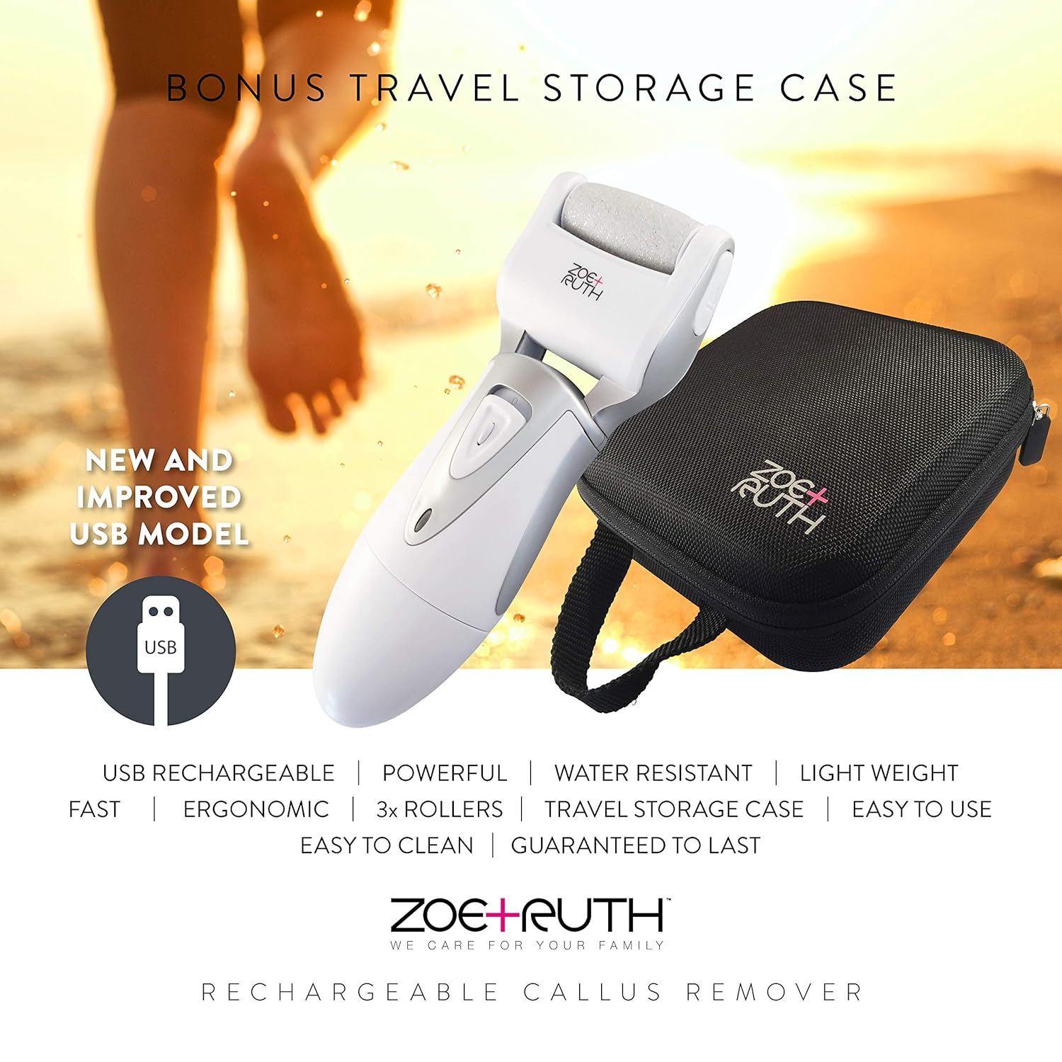 Electric Callus Remover USB Rechargeable Pedicure Foot File tool by Zoe+Ruth for Dry Cracked Dead Skin on your Heels and Feet. International Charger, 3 Rollers & Travel Friendly Storage Case. : Beauty