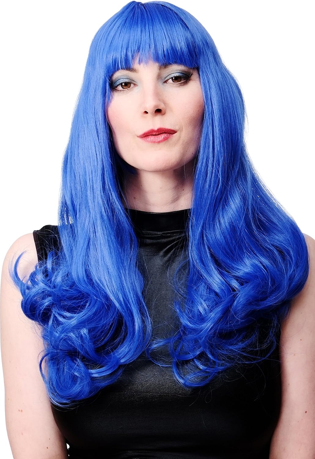 WIG ME UP - Party/Fancy Dress/Halloween Lady WIG long BLUE fringe slightly curly FRINGE Diva Cosplay Punk