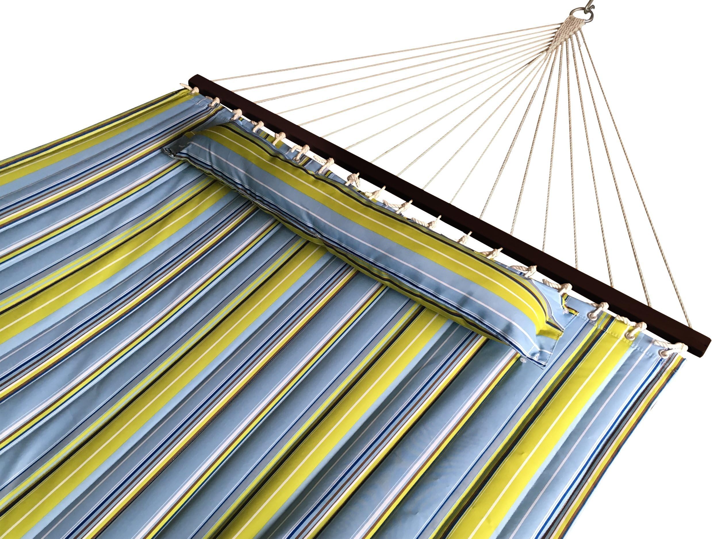 SueSport Doule Hammock Quilted Fabric with Pillow Double Size Spreader Bar Heavy Duty,New Blue/Green Pattern