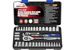 EPAuto 1/4-Inch & 3/8-Inch Drive Socket Set with 72 Teeth Reversible Ratchet, 40 Pieces