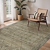 GENIMO 6x9 Area Rugs for Living Room, Machine Washable Non Slip Vintage Rugs, Low Pile Lightweight Chenille Print Rug for Bedroom, Dining Room, Home Office, Green Khaki