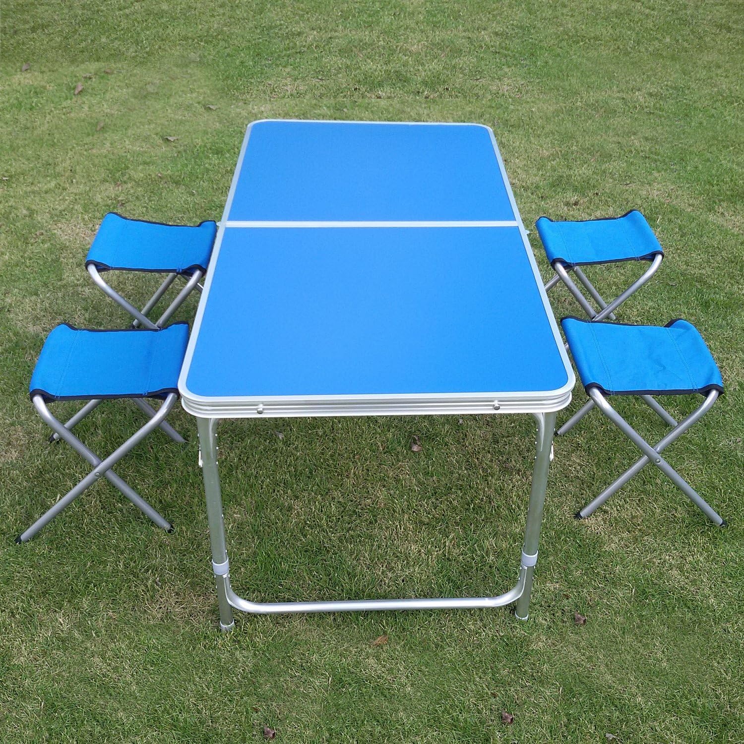 Lifeforce Portable Aluminium Trestle Camping Picnic Dining Folding Table Outdoor Furniture (blue with four chair)