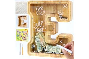 weallbuy Large Letter Piggy Bank for Kids Boys Girls Wooden Personalized Piggy Banks A-Z with Target Area Clear Alphabet Banknote Coin Banks for Gift Decoration Baptism (E)