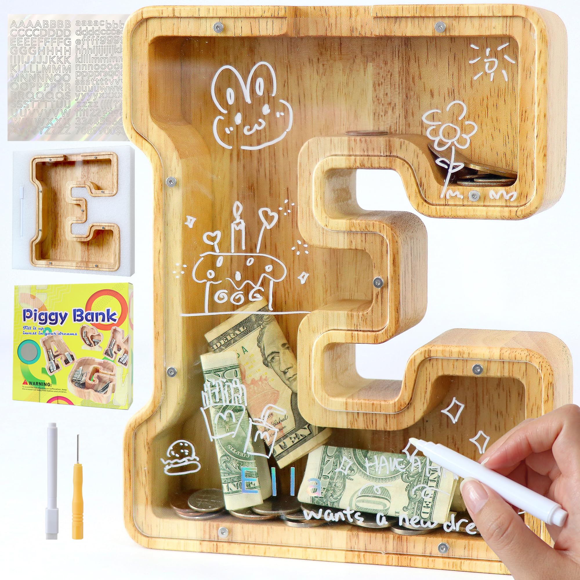 Mikytoper Letter Money Box for Kids Large Wooden Personalized A-Z Piggy Bank Clear Alphabet Money Bank Coin Bank for Gift Decoration Baptism (E)