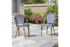 PURPLE LEAF Bistro Chair (Set of 2) French Hand-Woven Wicker Chairs for Outdoor Patio Porch Garden Indoor, Bamboo Print Finish, Dark Blue, Dining Chairs
