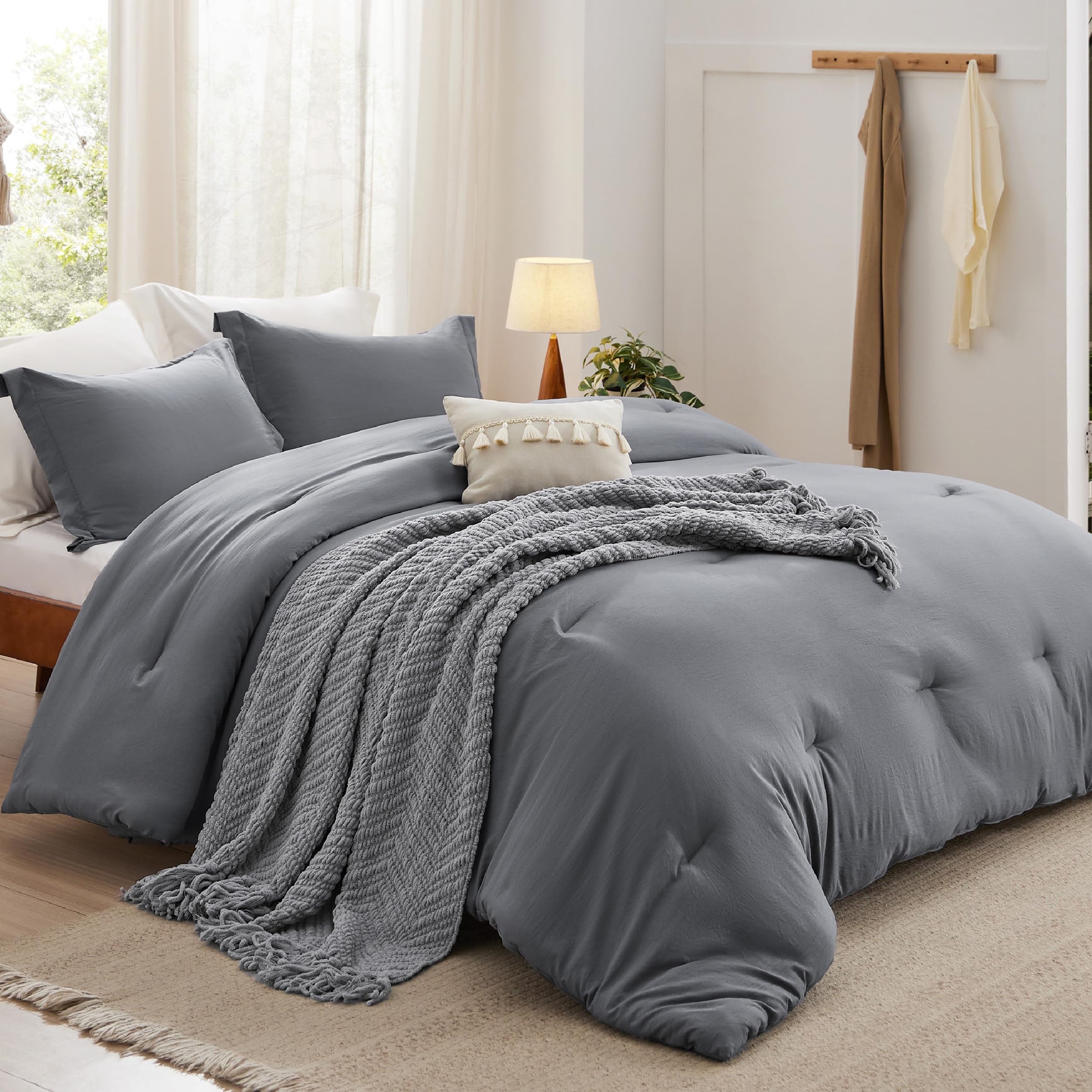 Photo 1 of Bedsure Full Comforter Set with Throw Blanket - 5 Pieces Boho Bedding, Down Alternative Bed in a Bag?Dark Grey Bed Set with Comforter, Pillow Shams, Throw Pillow, Chenille Blanket