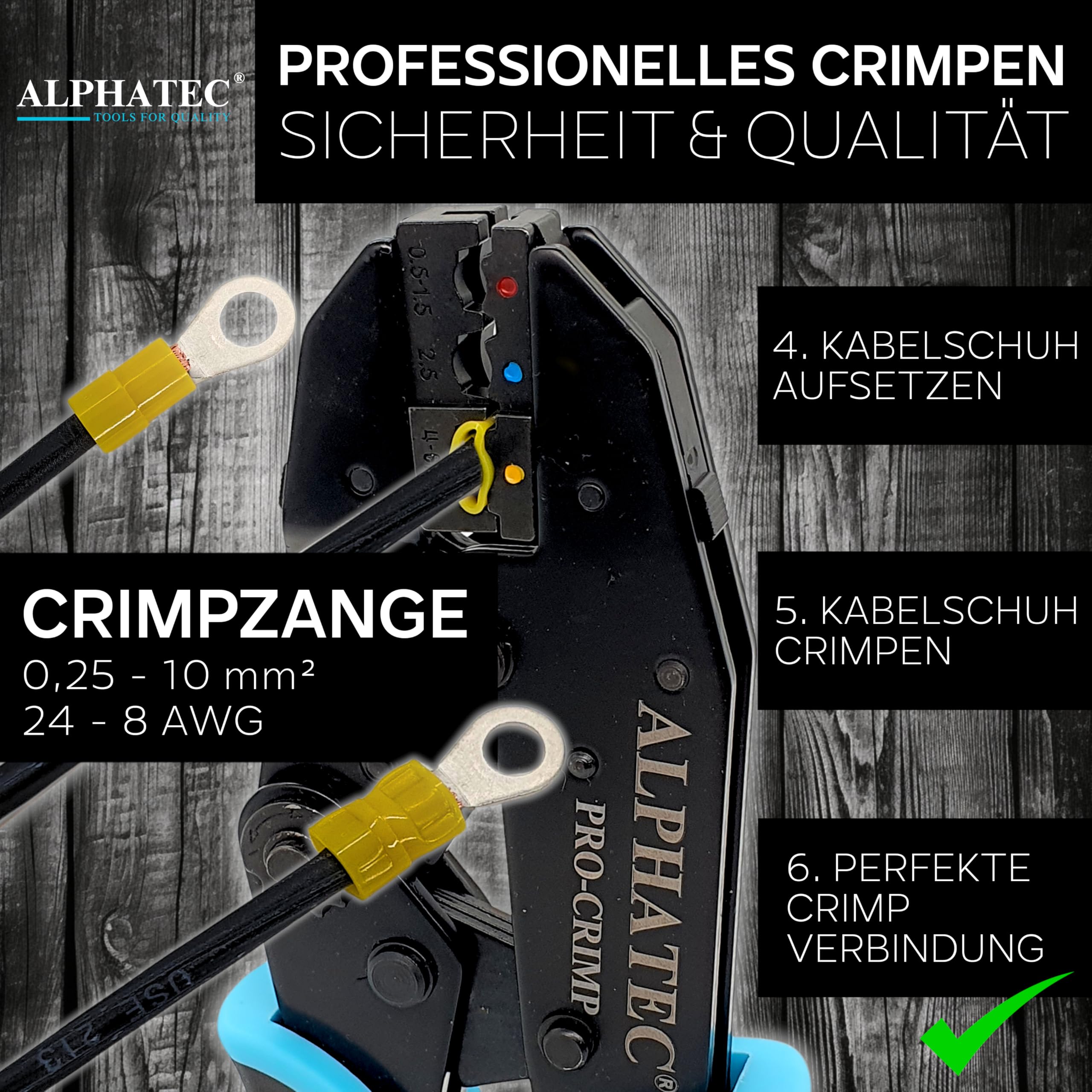ALPHATEC® Crimpzange Set mit Wechselbacken inkl. automatische Abisolierzange - [0,25-10mm²] - Crimpzange Kabelschuhe, Aderendhülsenzange, Flachstecker, MC4 Zange PV Solar - Krimpzangenset 8-teilig 6
