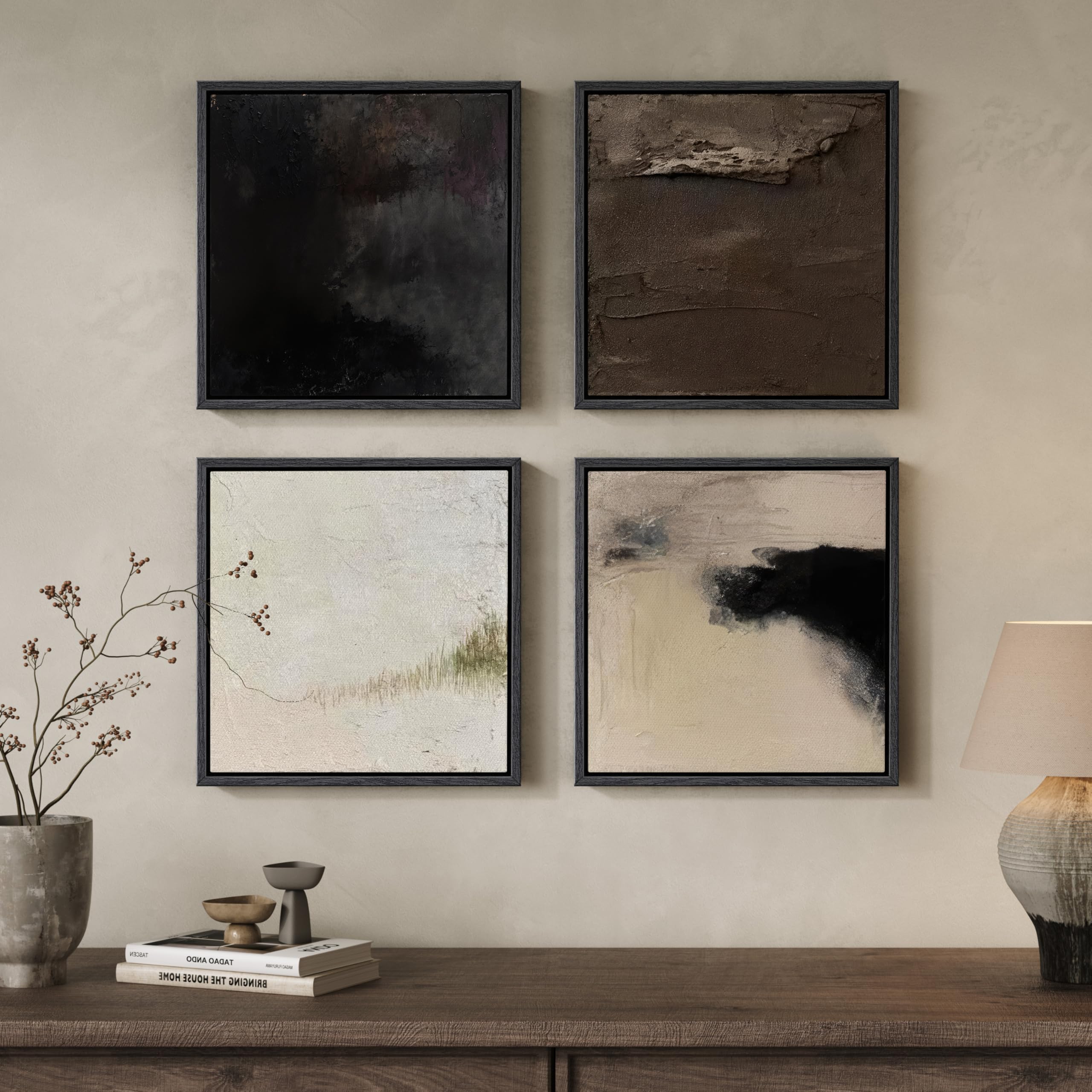 Photo 1 of ***MISSING 3 FRAMES***Framed Neutral Abstract Wall Art, 4 Piece Modern Minimalist Canvas Prints in Earth Tone and Brown Black Beige Colors, Contemporary Square Wall Decor for Living Room Bedroom Office Entryway, 12x12