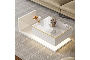 Modern LED Coffee Table with Storage, 39.4 High-Glass Wood Sofa Table with Tempered Glass Top, Center Table with Storage Comp