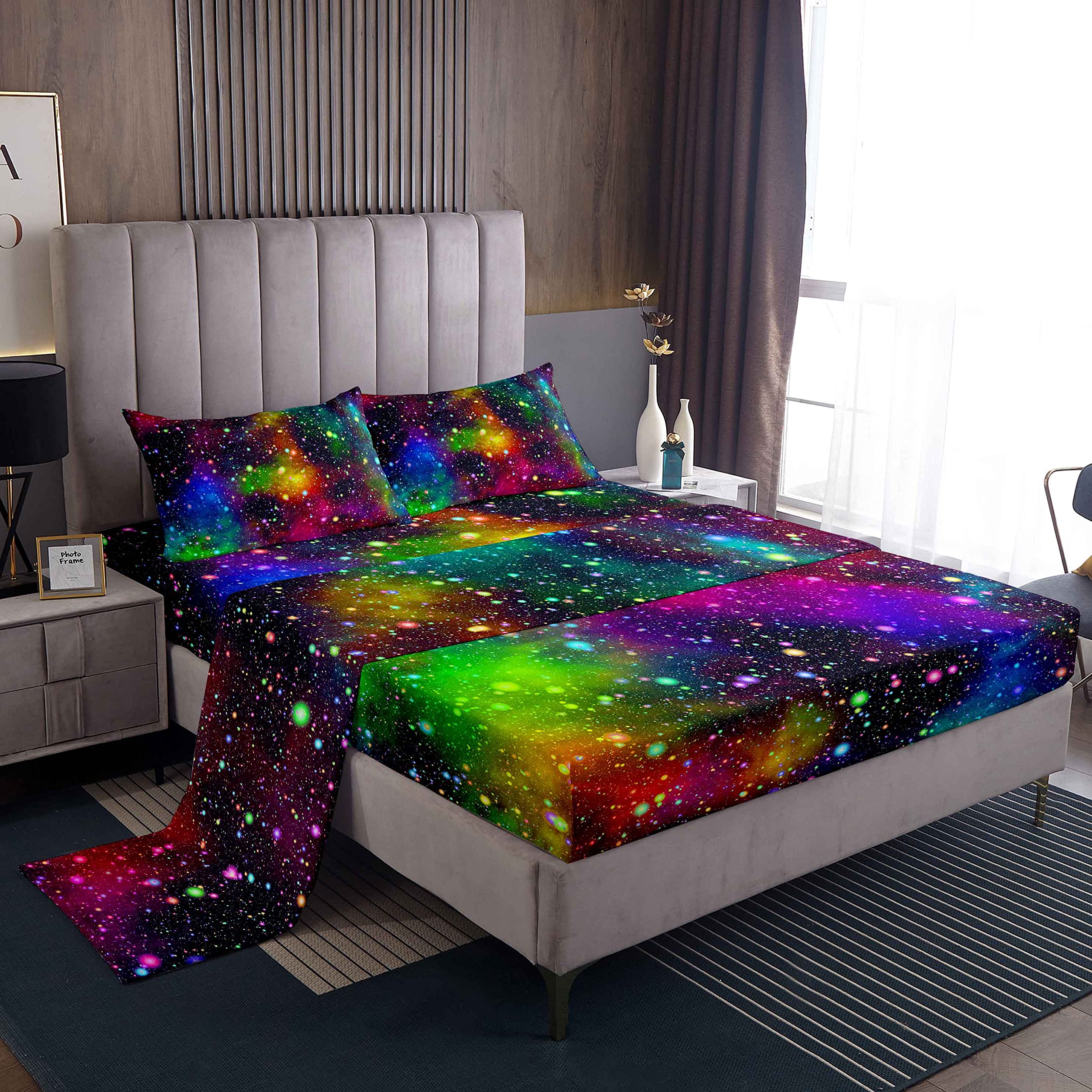 Loussiesd Rainbow Galaxy Bed Sheet Single Size Out Space Bedding Colorful Nebula Universe Deep Pockets Sheet Set 3 Pcs - 1 Falt& 1 Fitted Sheets with 1 Pillow Shams — image 1