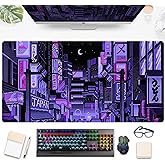 Tokyo Street Desk Pad Purple, Cute Retro Large Gaming Mouse Pad, Japanese Anime Laptop Keyboard Mouse Mat XXL, Aesthetic Neon Pixel Skyline/City Desk Mat, Desk Decor Pads for Women 31.5"x15.75"