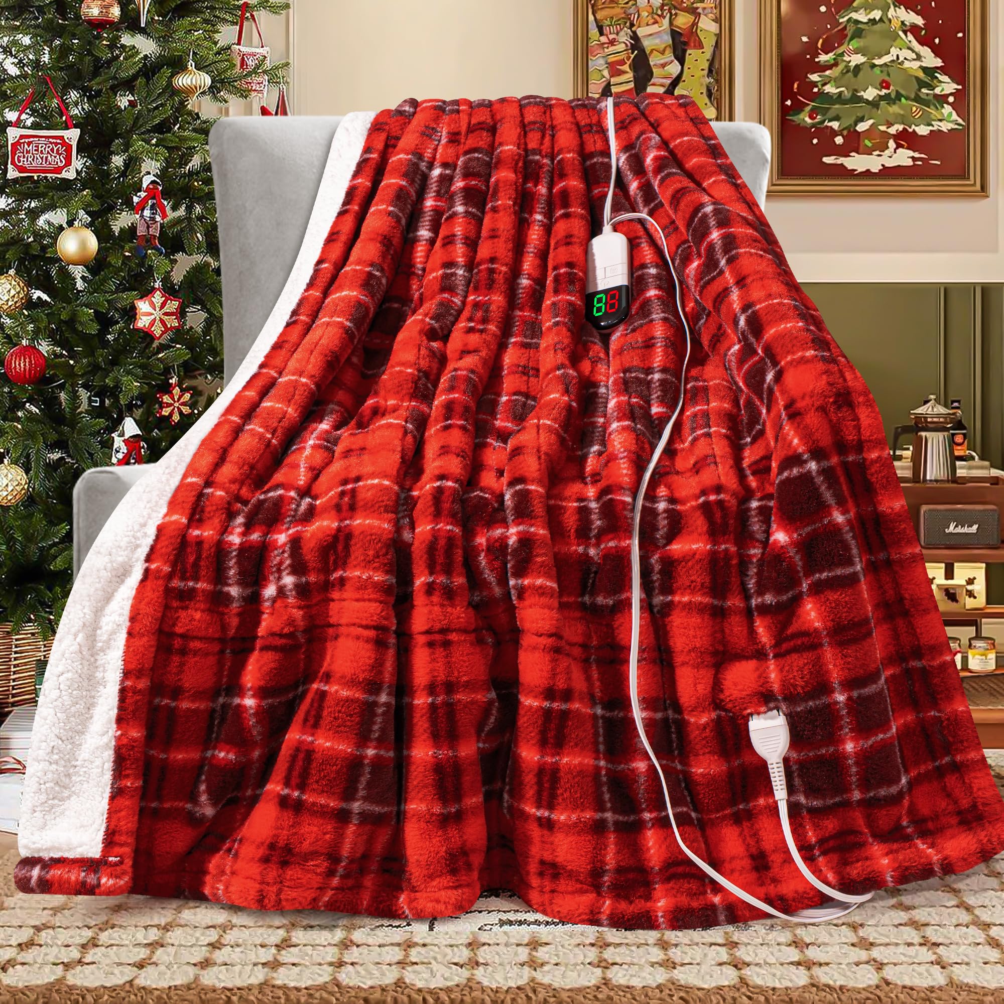 Photo 1 of MAXEVE Heated Electric Blanket, 50"x60" Faux Fur Fast Heating Throw Blankets with 8 Heating Levels & 8 Hours Auto Off with Over-Heat Protection & ETL Certified, Plaid Red