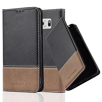 Cadorabo Hülle für Samsung Galaxy S6 Edge Plus - Hülle in SCHWARZ BRAUN – Handyhülle mit Standfunktion und Kartenfach aus Ein