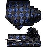 JEMYGINS Mens Plaid Tie and Lapel Pin Necktie Pocket Square with Tie Clip Sets for Business Casual 4PCS