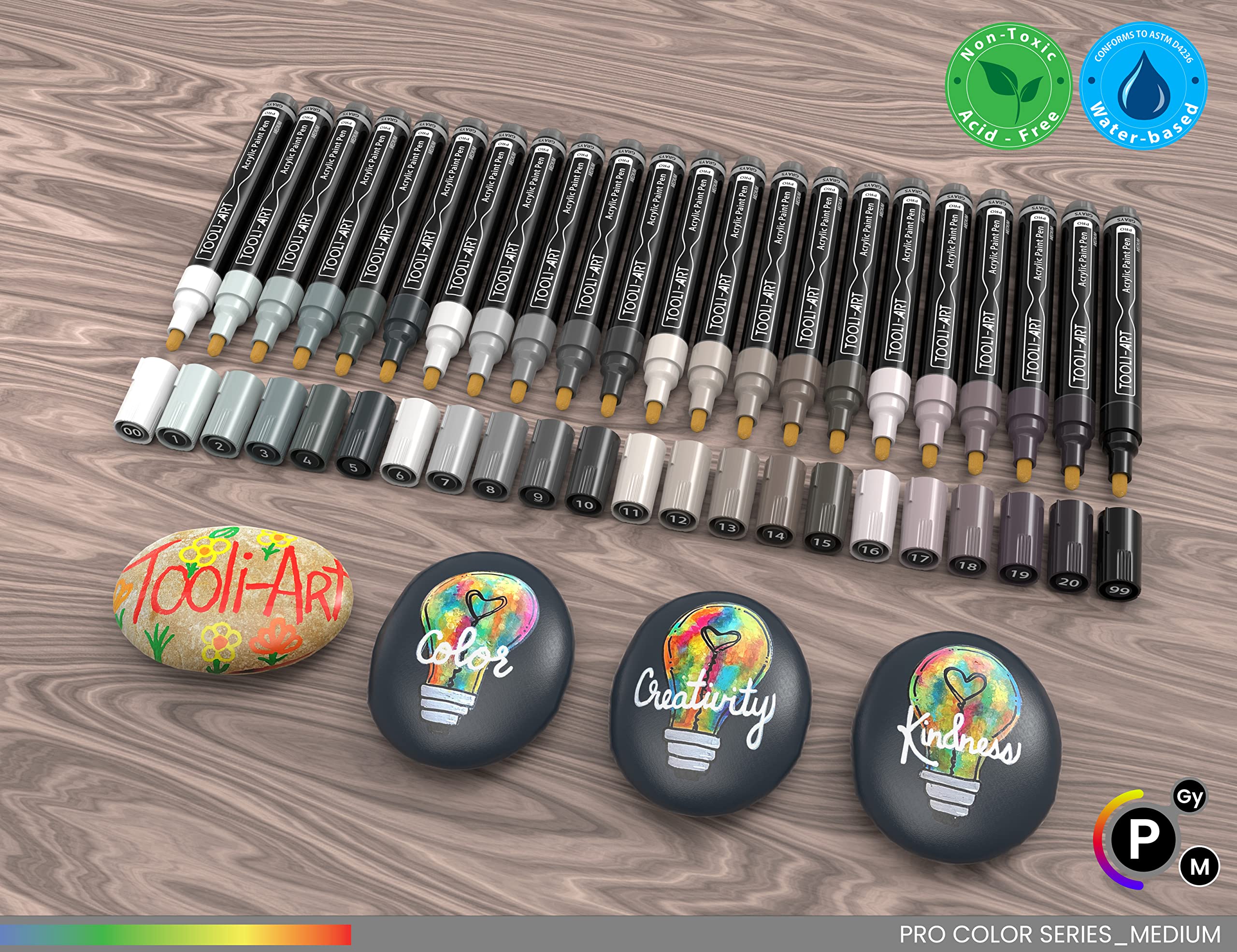 TOOLI-ART Acrylic Paint Pens 22 Assorted Pro Colour Series Markers Set 3mm Medium Tip for Rock Painting, Glass, Mugs, Wood, Metal, Canvas, DIY Projects, Non Toxic, Waterbased, Quick Drying. (GREY)